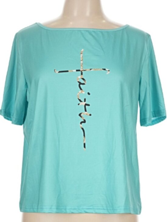 Tops - Cute Light Teal "Faith" Cropped Crew Neck T-Shirt Size Large